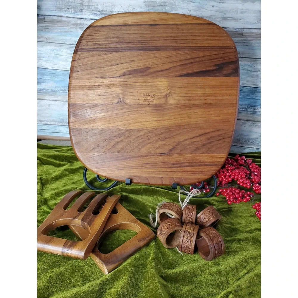 Vintage Dansk Wood‎ carving/cheese Board salad forks  napkin rings hostess set
